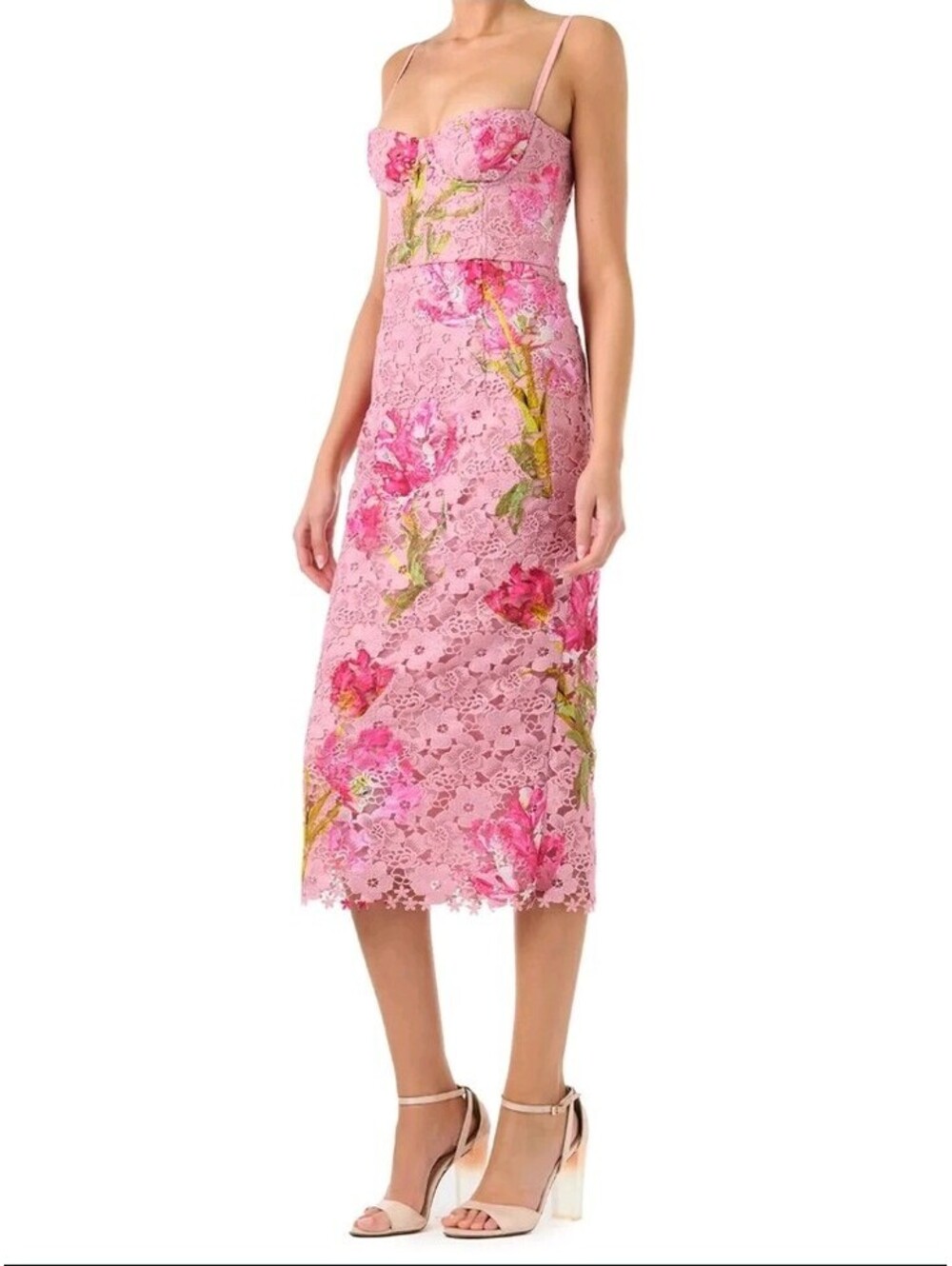 Monique Lhuillier Collection-Pink Floral Guipure Lace Corseted Dress 10-NWT